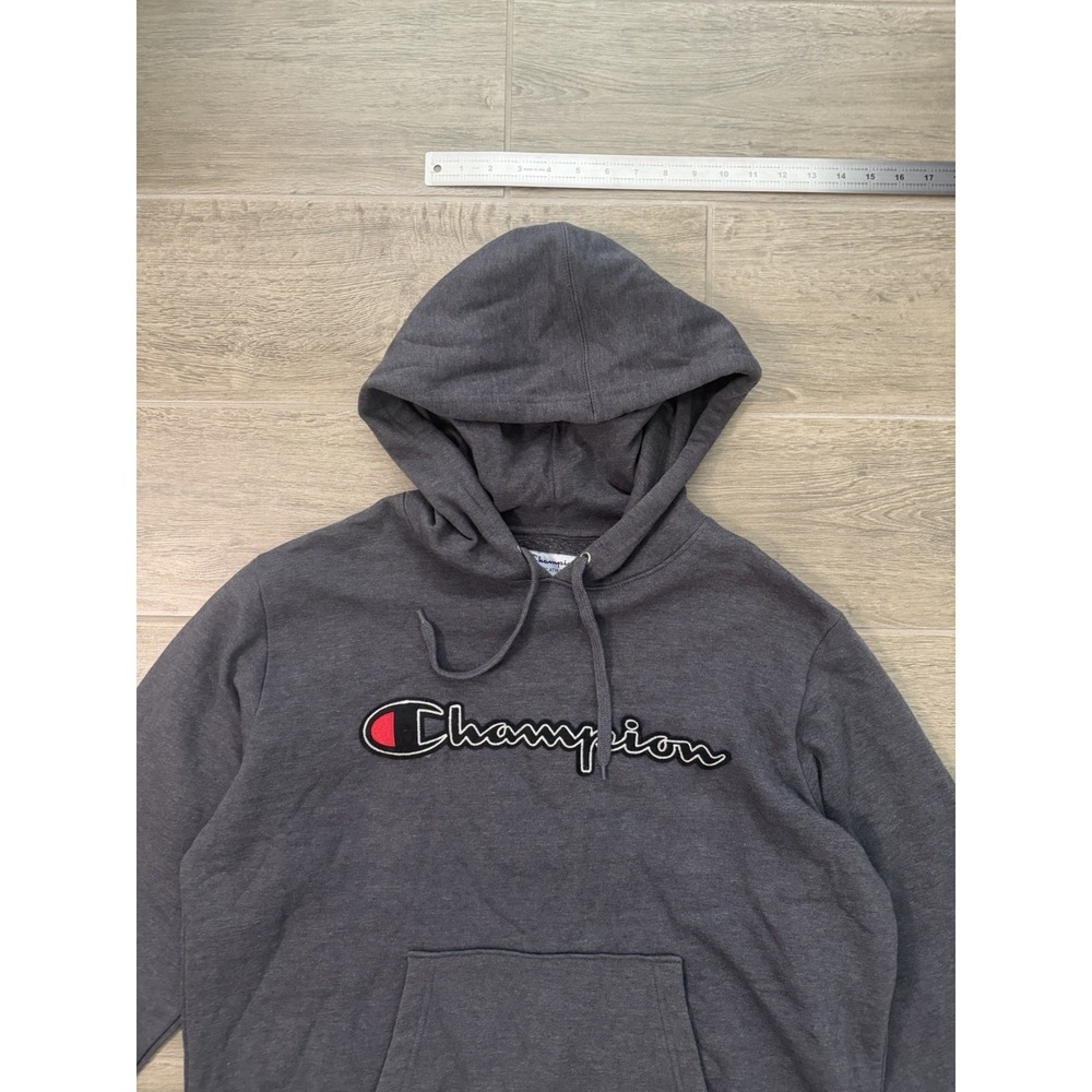 Champion Hoodie Mens Large Gray Script Logo Pullover Sweatshirt Embroidered - Picture 5 of 16